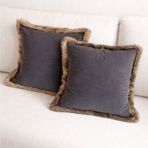 Newport Set of 2 Faux Fur Trim Throw Pillows 21x21 Charcoal Brown Luxe Decor
